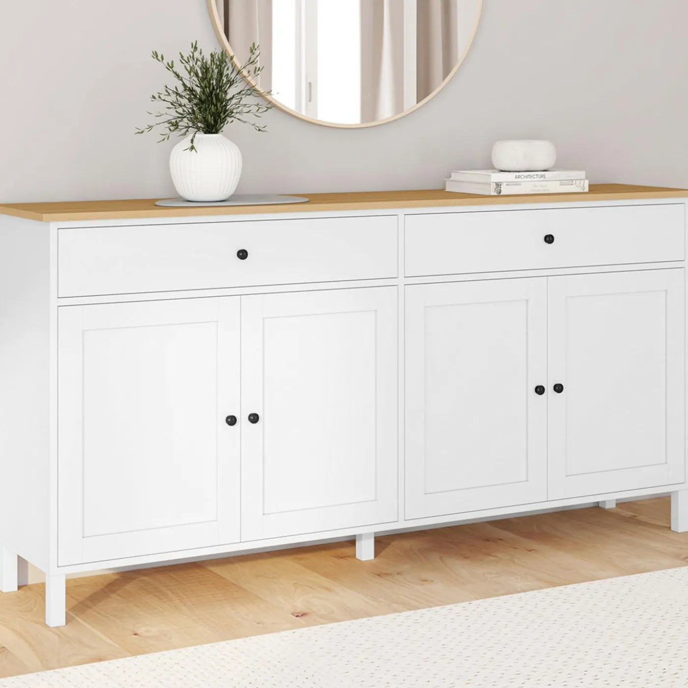 Buffet 160cm 4 portes et 2 tiroirs blanc et plateau bois