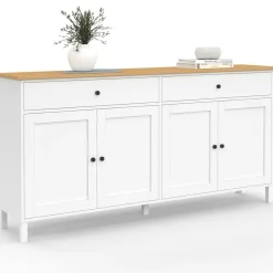 Buffet 160cm 4 portes et 2 tiroirs blanc et plateau bois