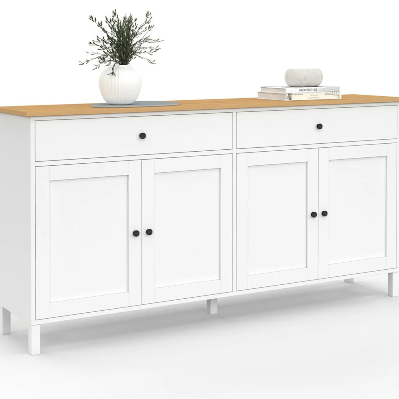 Buffet 160cm 4 portes et 2 tiroirs blanc et plateau bois