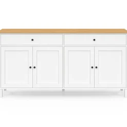 Buffet 160cm 4 portes et 2 tiroirs blanc et plateau bois
