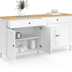 Buffet 160cm 4 portes et 2 tiroirs blanc et plateau bois