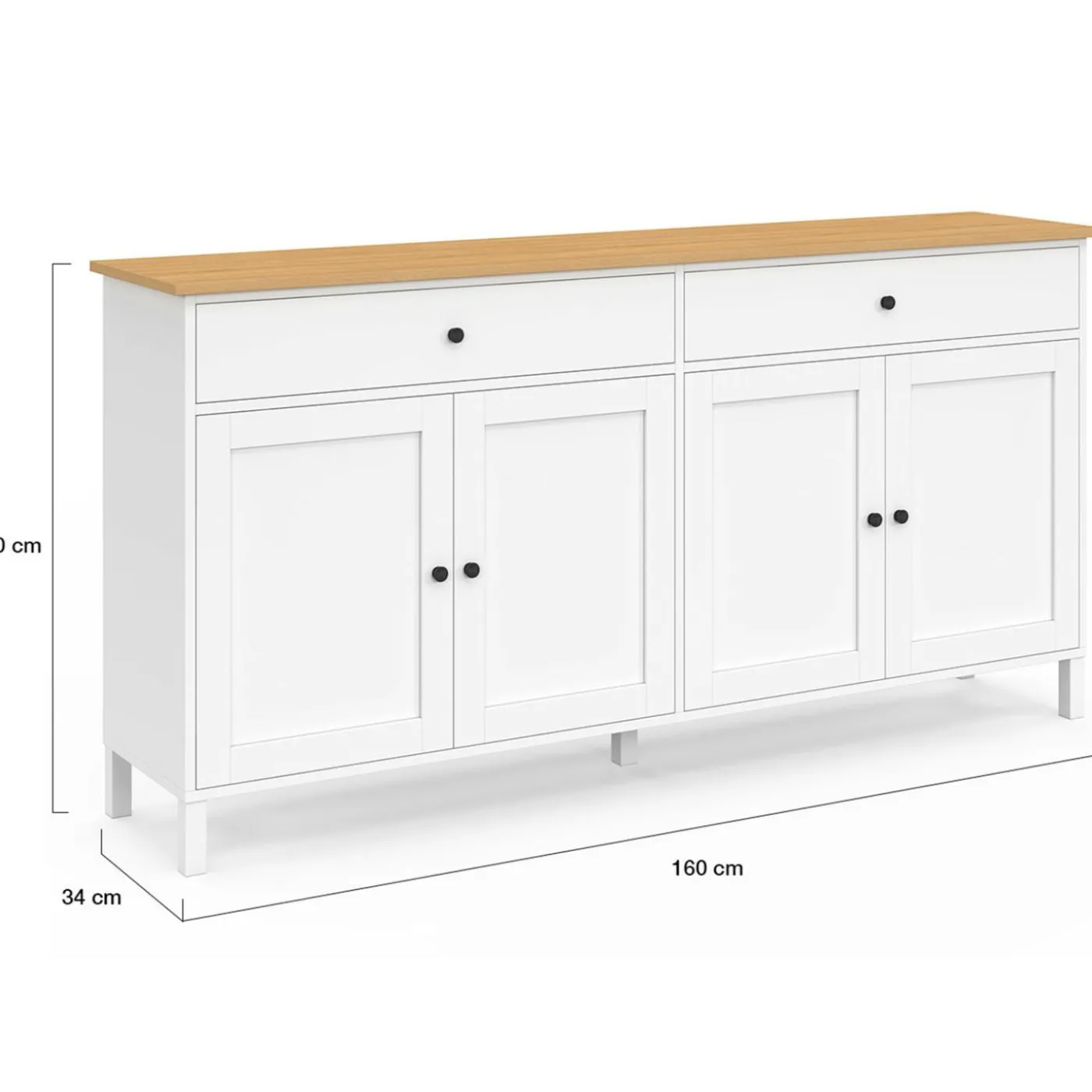 Buffet 160cm 4 portes et 2 tiroirs blanc et plateau bois