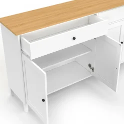 Buffet 160cm 4 portes et 2 tiroirs blanc et plateau bois