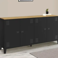 Buffet 160cm ESTER 4 portes en métal noir plateau bois design industriel