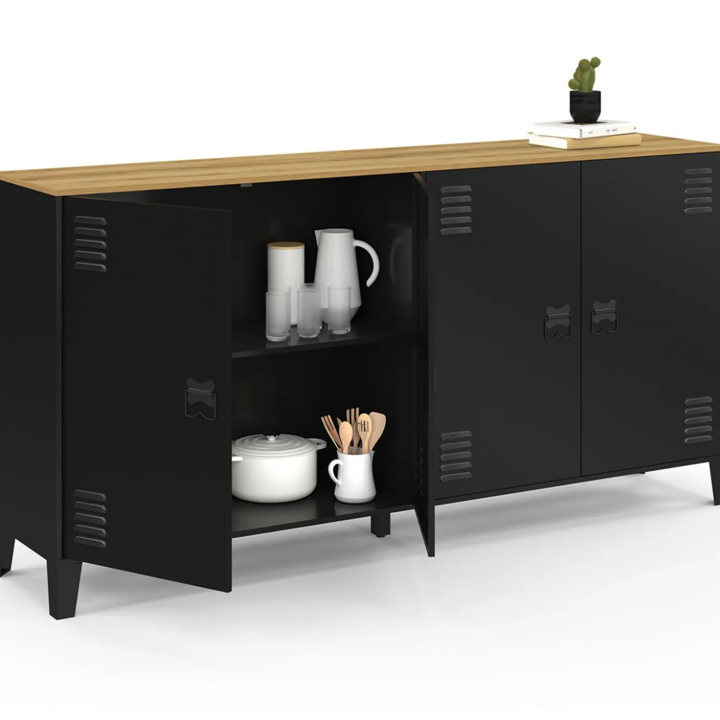 Buffet 160cm ESTER 4 portes en métal noir plateau bois design industriel