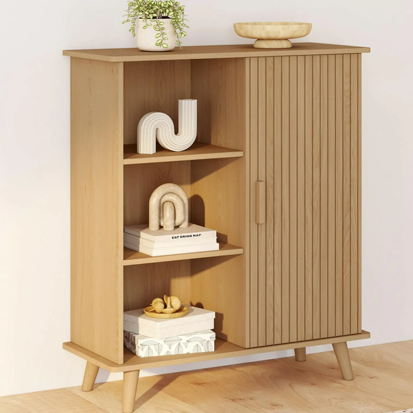 Buffet d'appoint 70 cm bois effet lattes et tasseau avec 3 étagères et placard