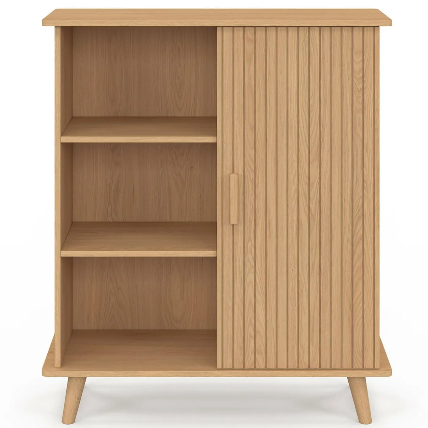 Buffet d'appoint 70 cm bois effet lattes et tasseau avec 3 étagères et placard