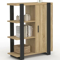 Buffet d'appoint 3 étagères et placard 70 cm bois et noir