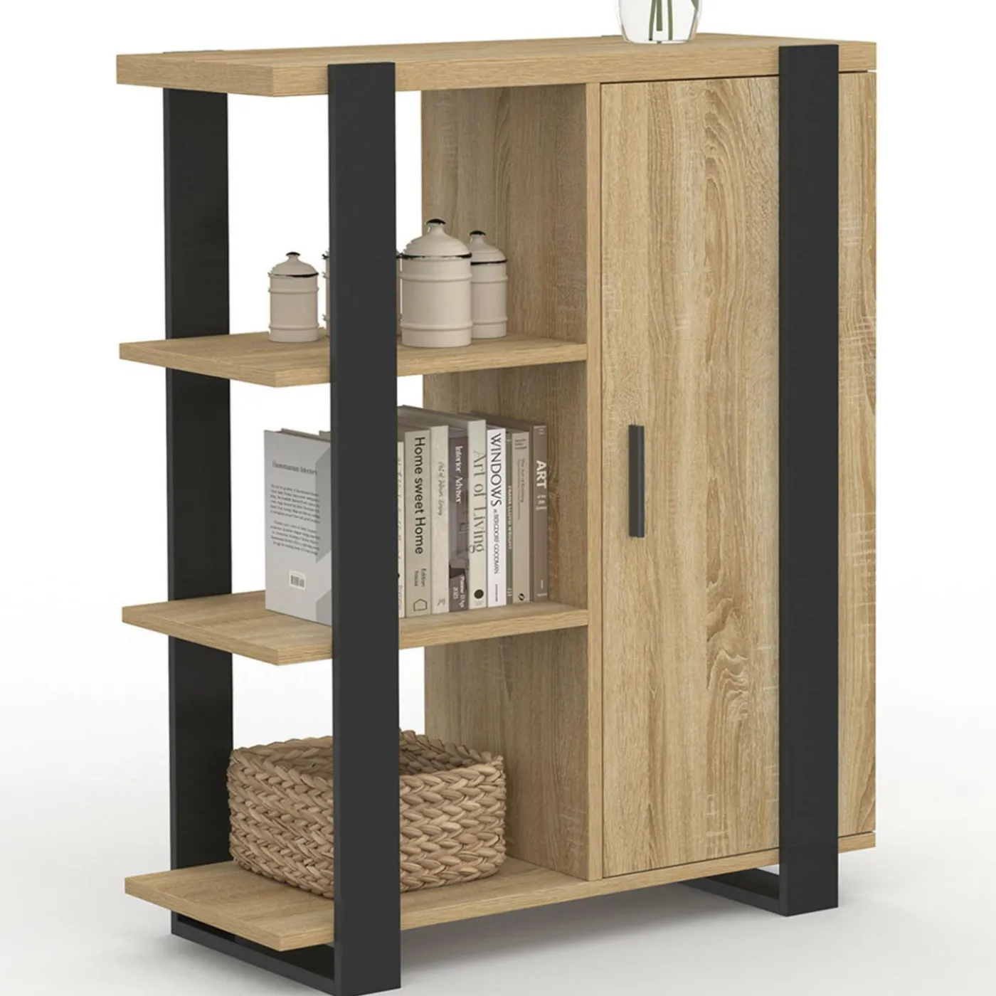 Buffet d'appoint 3 étagères et placard 70 cm bois et noir
