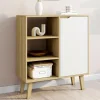 Buffet d'appoint 3 étagères et placard 70 cm blanc et bois façon hêtre