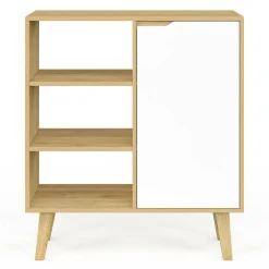 Buffet d'appoint 3 étagères et placard 70 cm blanc et bois façon hêtre