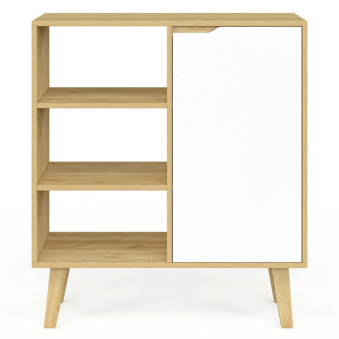 Buffet d'appoint 3 étagères et placard 70 cm blanc et bois façon hêtre