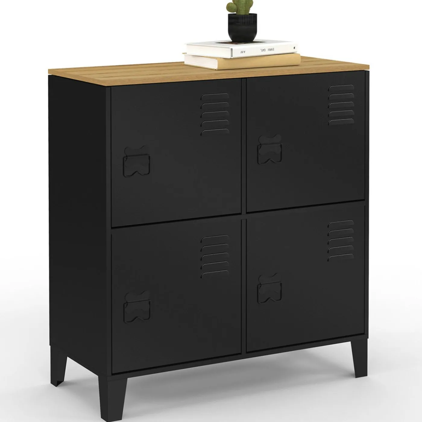 Buffet d'appoint casier 70 cm 4 portes en métal noir plateau bois design industriel