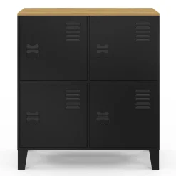 Buffet d'appoint casier 70 cm 4 portes en métal noir plateau bois design industriel