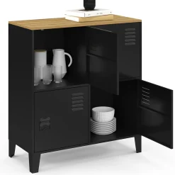 Buffet d'appoint casier 70 cm 4 portes en métal noir plateau bois design industriel