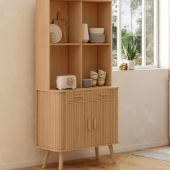 Buffet de cuisine 80 CM 2 portes + tiroir effet lattes tasseau de bois