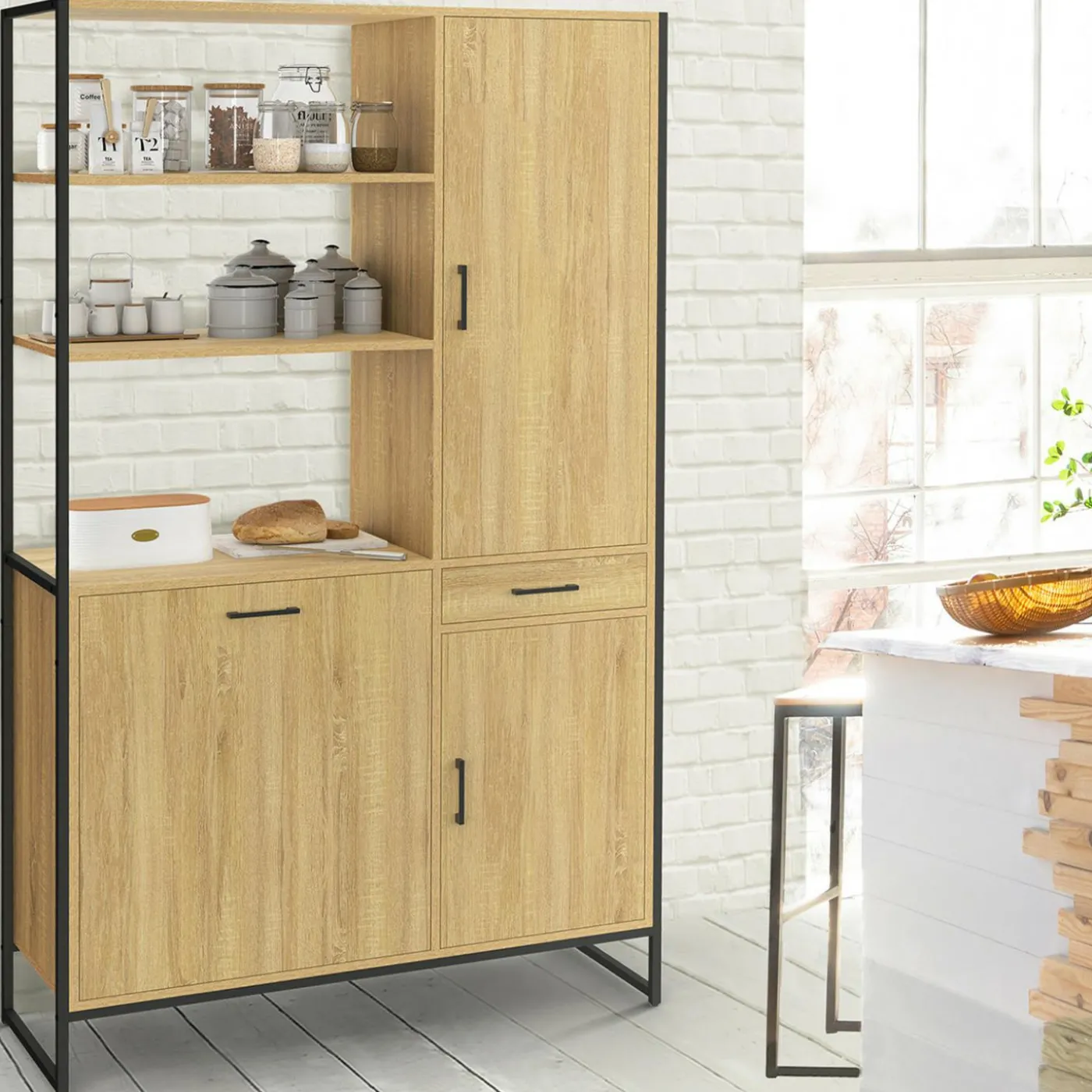 Buffet de cuisine avec colonne de rangement 3 portes design industriel