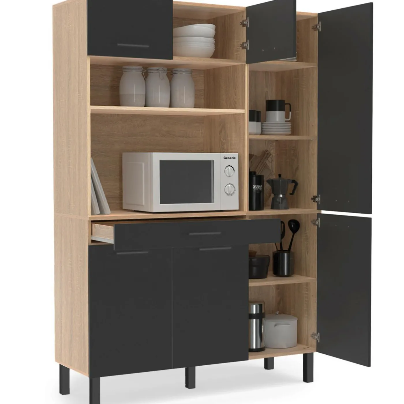 Buffet de cuisine avec rangement 120 cm façon hêtre et noir