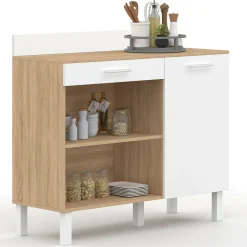Buffet de cuisine bas 100 cm bois façon hêtre et blanc plan de travail H.83 cm