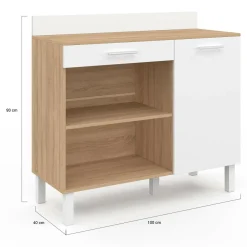 Buffet de cuisine bas 100 cm bois façon hêtre et blanc plan de travail H.83 cm