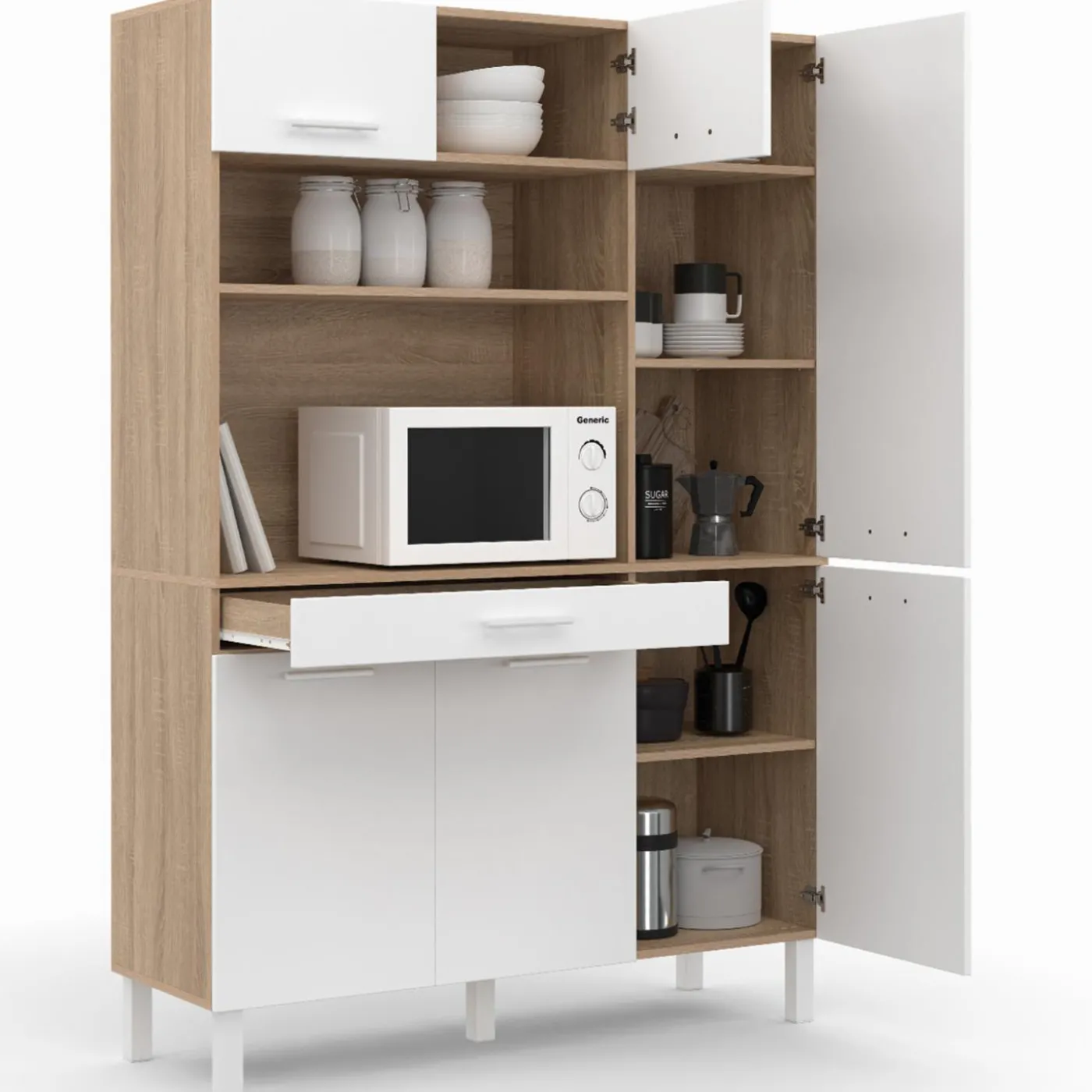 Buffet de cuisine blanc et façon hêtre avec 6 portes + tiroir