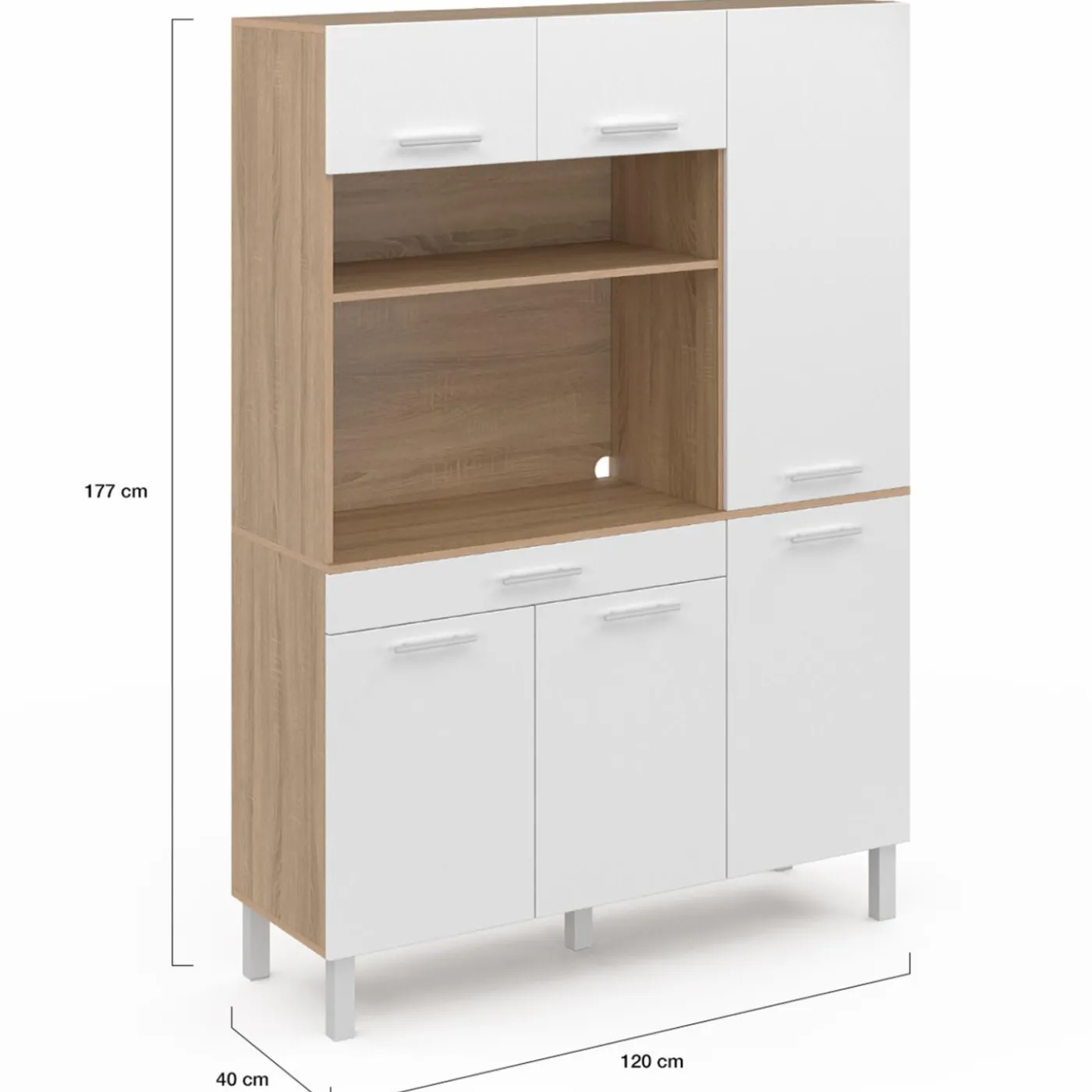 Buffet de cuisine blanc et façon hêtre avec 6 portes + tiroir