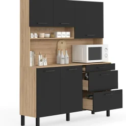 Buffet de cuisine casserolier 5 portes + 3 tiroirs façon hêtre et noir