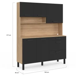 Buffet de cuisine casserolier 5 portes + 3 tiroirs façon hêtre et noir