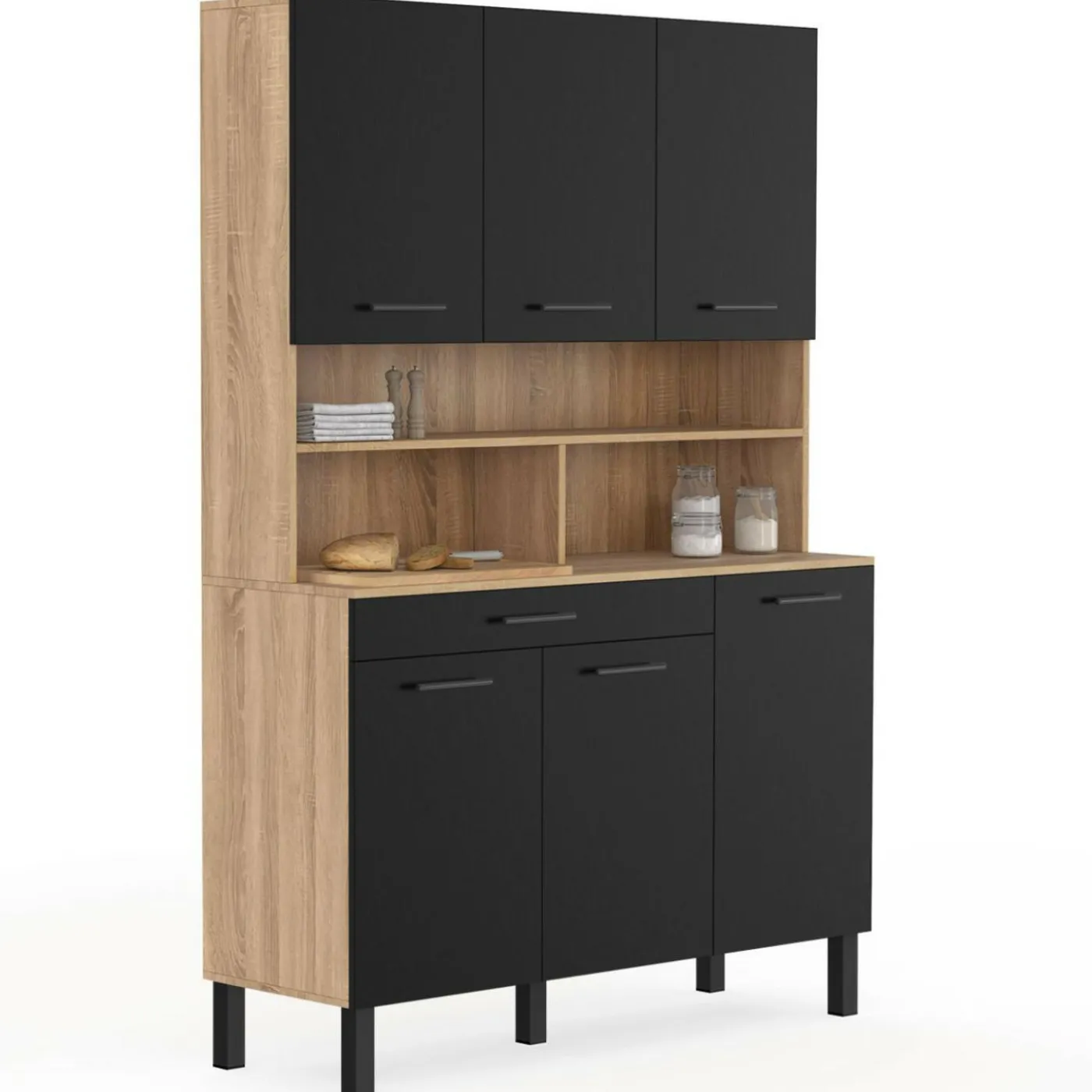 Buffet de cuisine noir et bois 120 cm