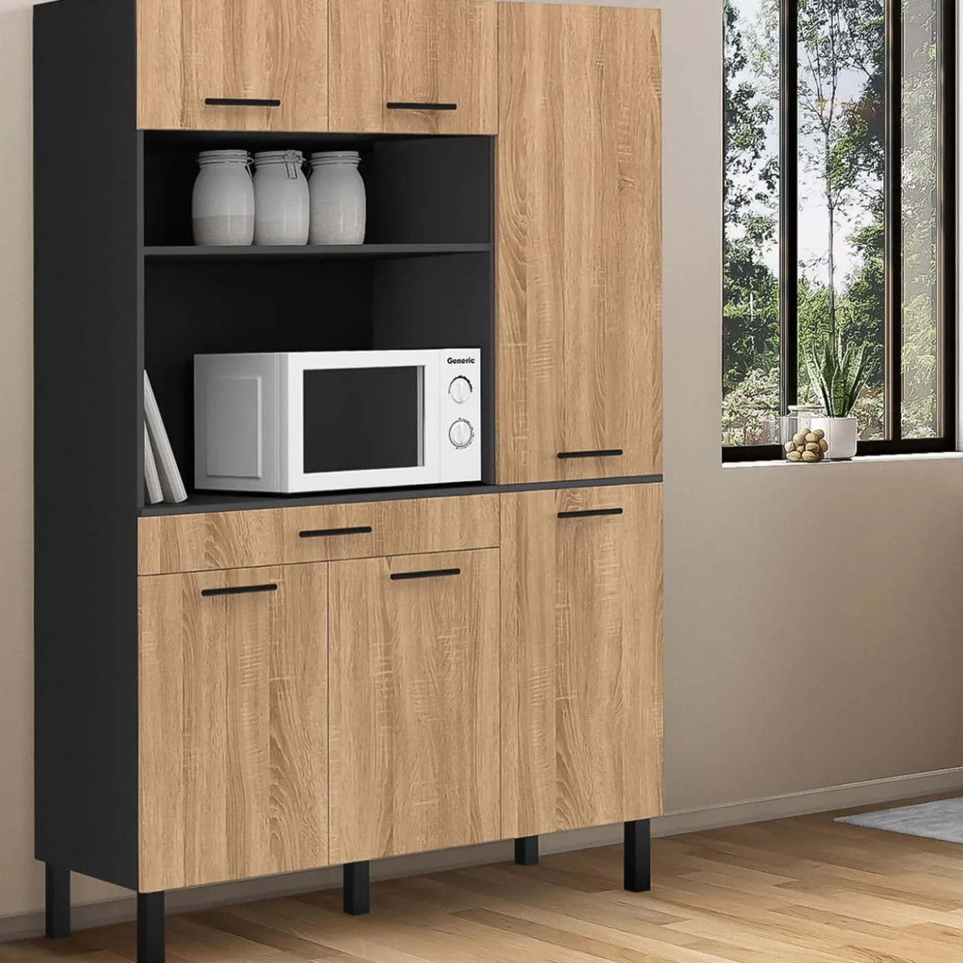 Buffet de cuisine noir et façon hêtre avec 6 portes + tiroir