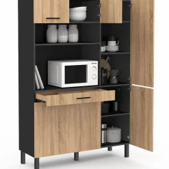 Buffet de cuisine noir et façon hêtre avec 6 portes + tiroir