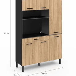 Buffet de cuisine noir et façon hêtre avec 6 portes + tiroir