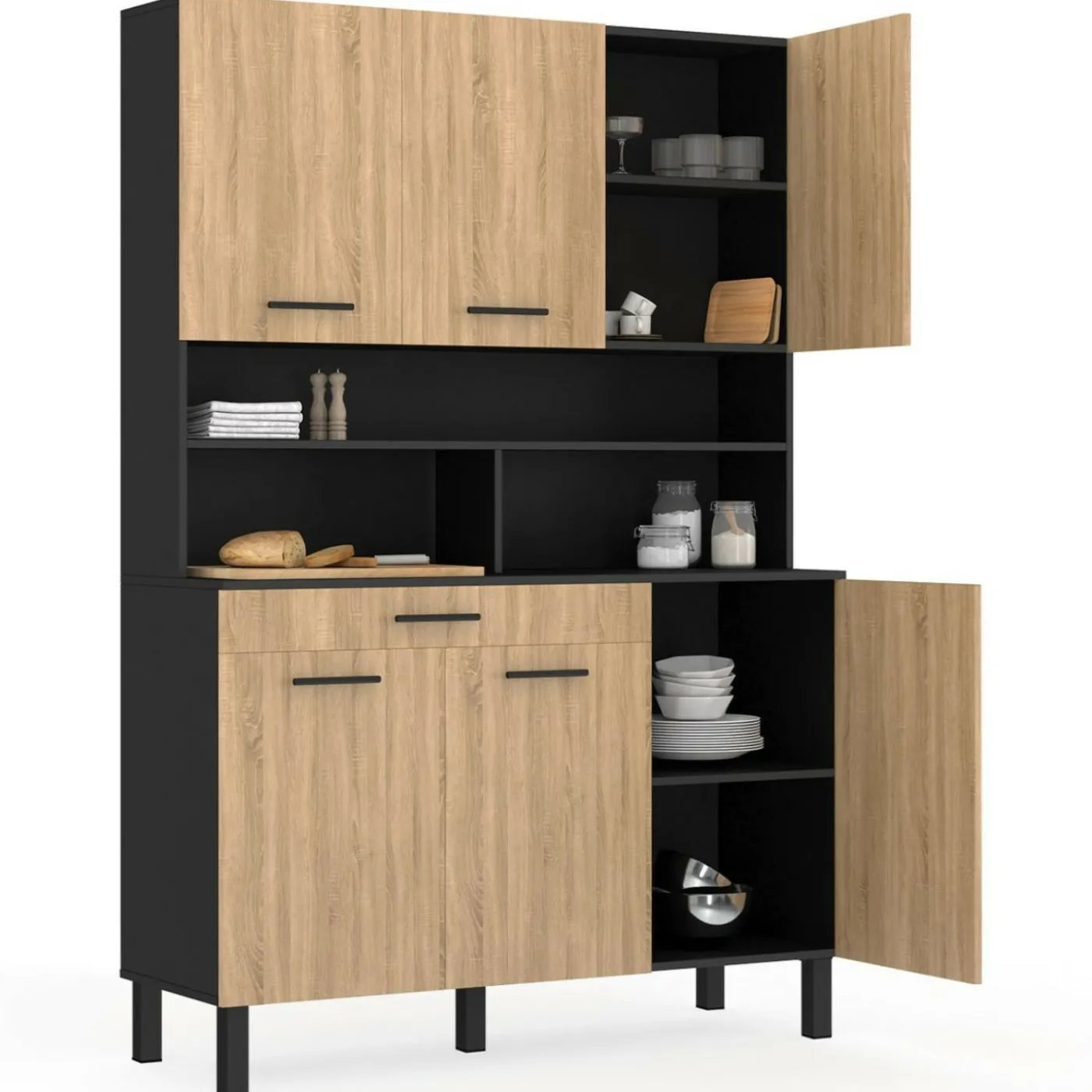 Buffet de cuisine vaisselier noir et bois façon hêtre 120 cm