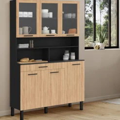 Buffet de cuisine vaisselier 120 cm 6 placards + tiroir noir et bois façon hêtre