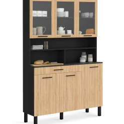 Buffet de cuisine vaisselier 120 cm 6 placards + tiroir noir et bois façon hêtre