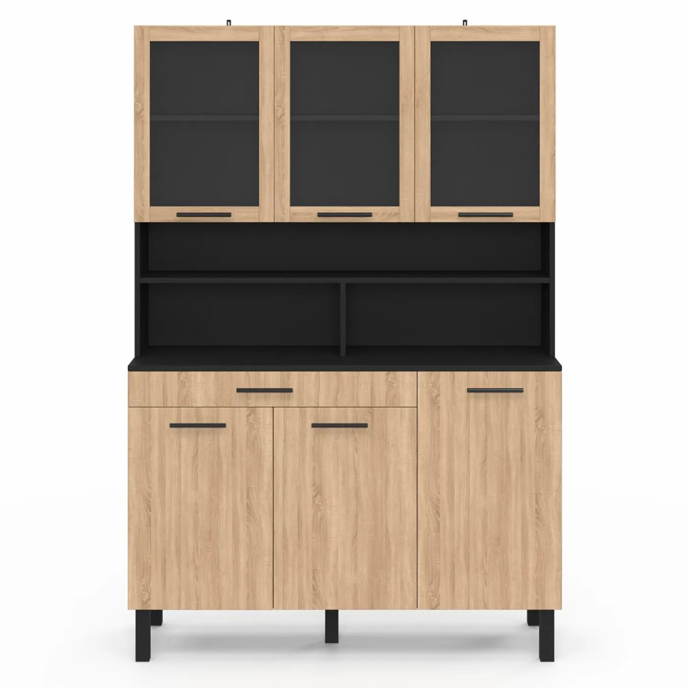 Buffet de cuisine vaisselier 120 cm 6 placards + tiroir noir et bois façon hêtre