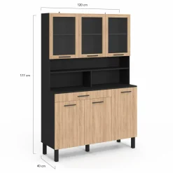 Buffet de cuisine vaisselier 120 cm 6 placards + tiroir noir et bois façon hêtre