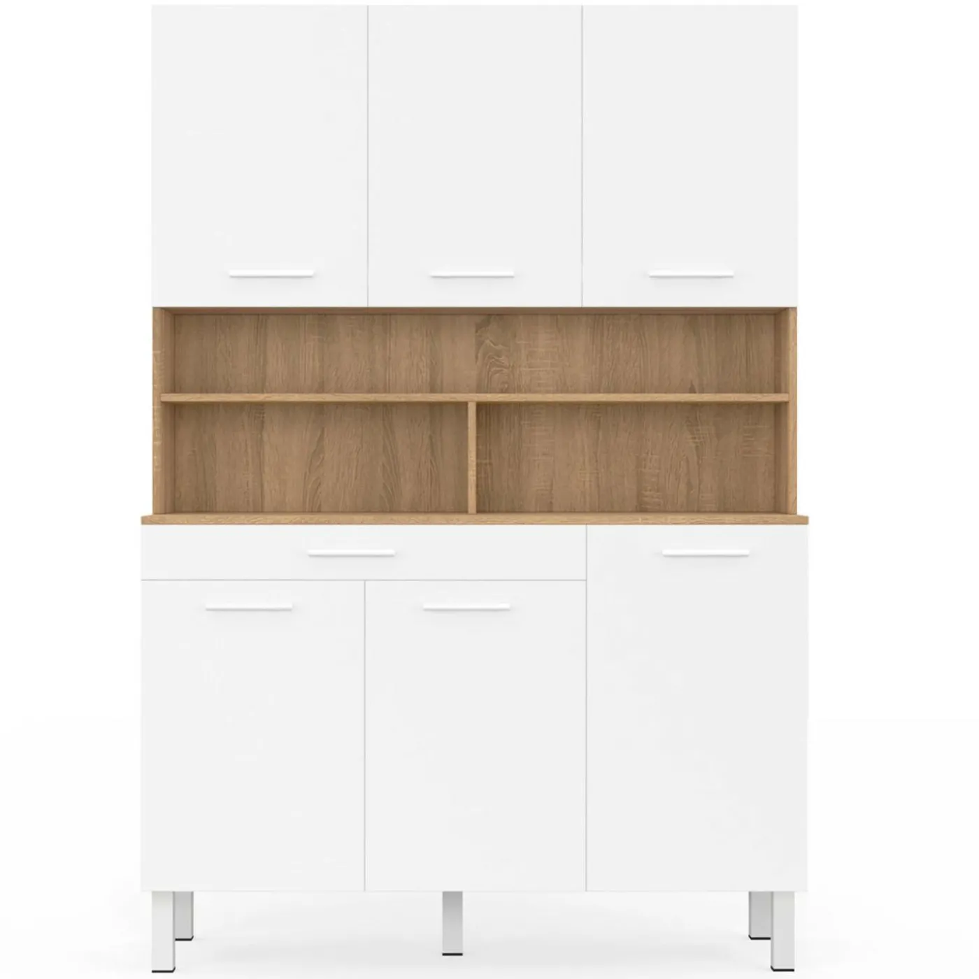 Buffet de cuisine vaisselier blanc et bois façon hêtre 120 cm