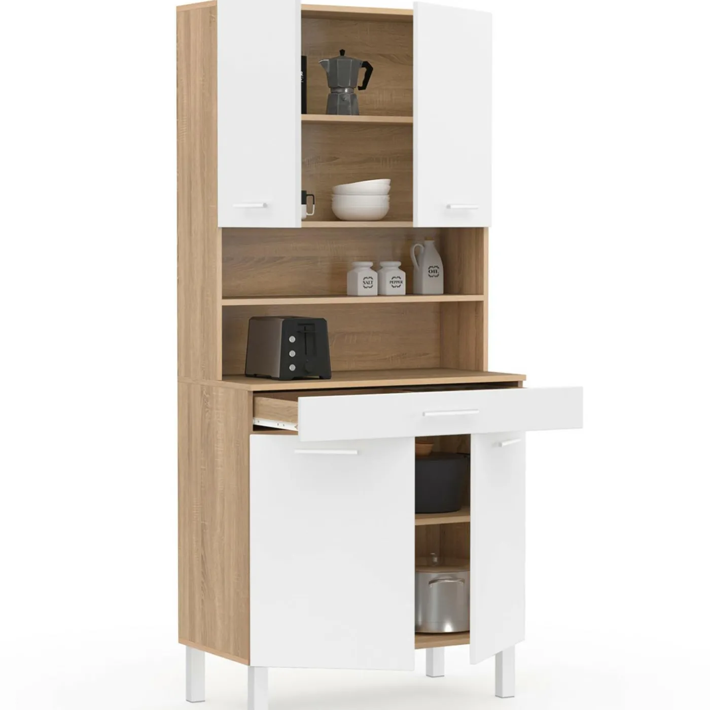Buffet de cuisine vaisselier blanc et bois façon hêtre 80 cm
