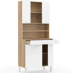 Buffet de cuisine vaisselier blanc et bois façon hêtre 80 cm