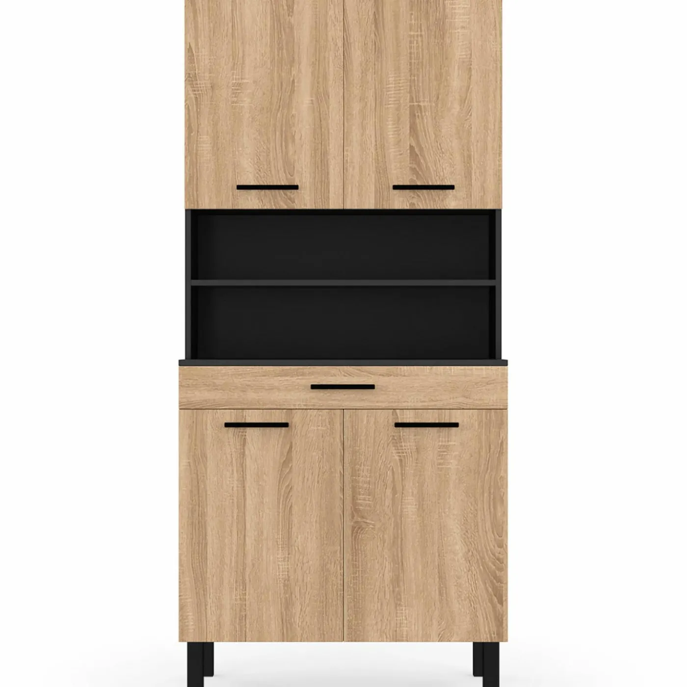Buffet de cuisine vaisselier noir et bois façon hêtre 80 cm