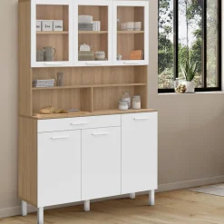 Buffet de cuisine vaisselier 120 cm 6 placards + tiroir blanc et bois façon hêtre