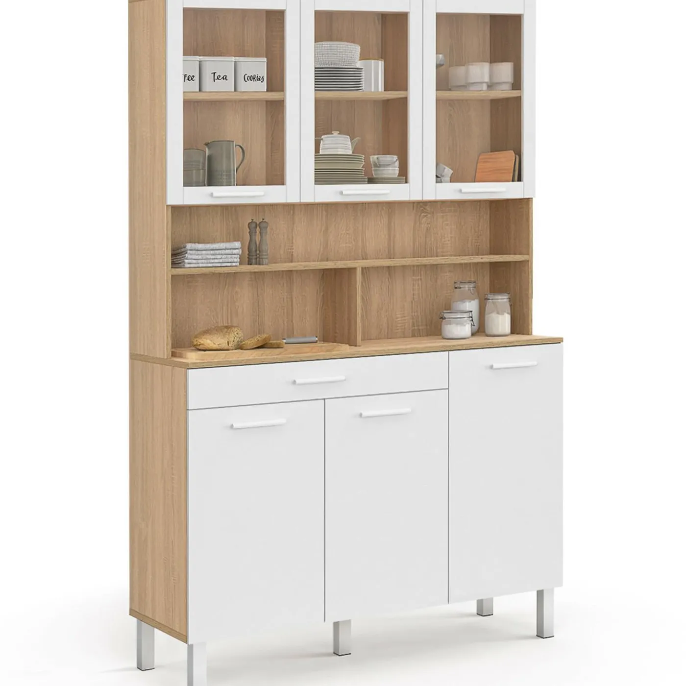 Buffet de cuisine vaisselier 120 cm 6 placards + tiroir blanc et bois façon hêtre