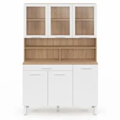 Buffet de cuisine vaisselier 120 cm 6 placards + tiroir blanc et bois façon hêtre