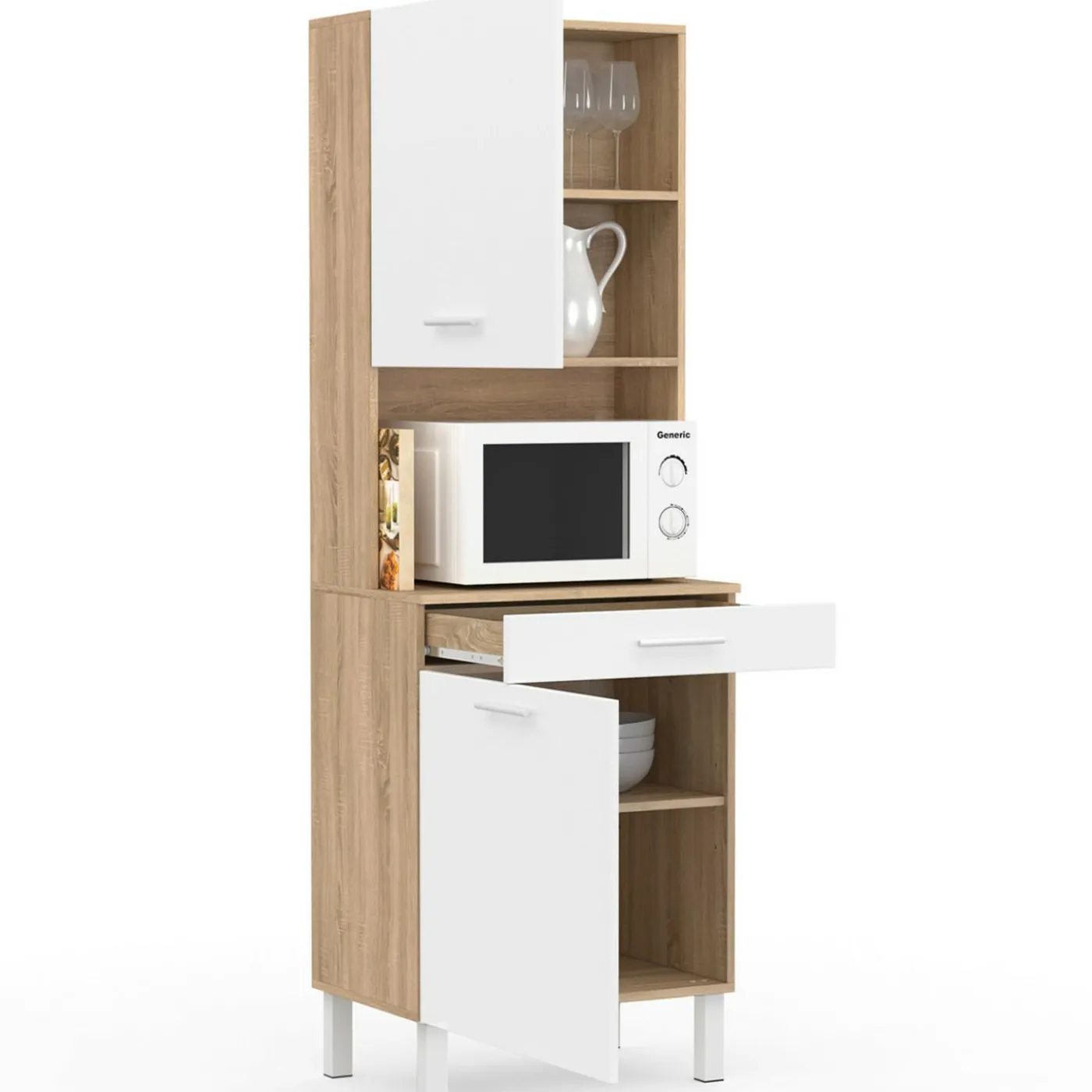 Buffet de cuisine vaisselier blanc et bois façon hêtre 60 cm