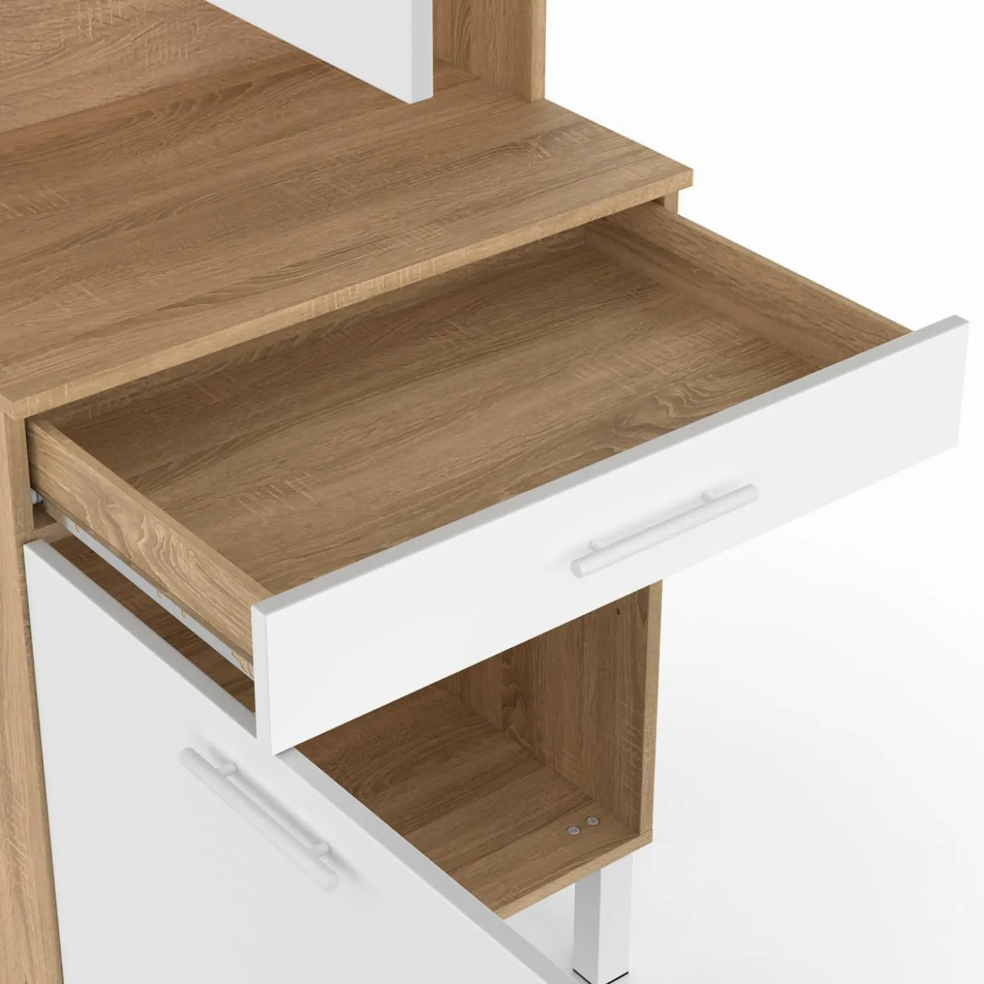 Buffet de cuisine vaisselier blanc et bois façon hêtre 60 cm