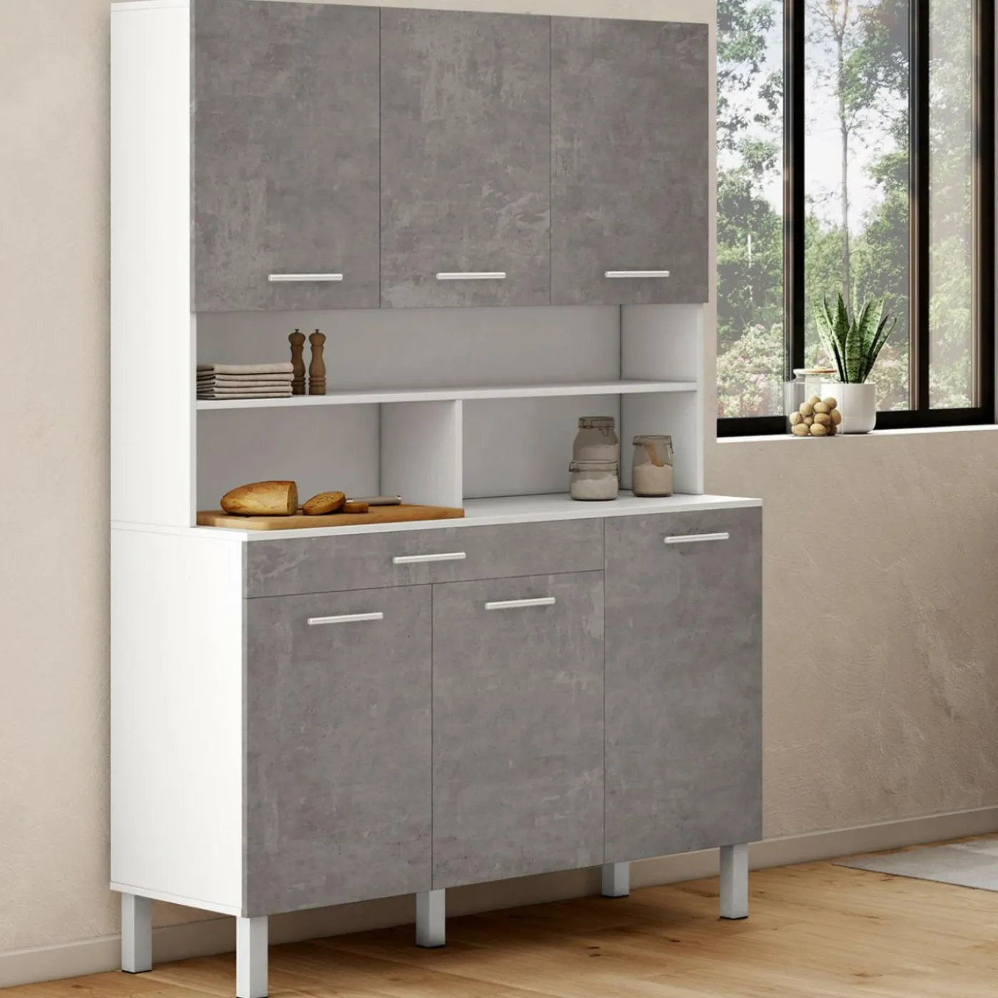 Buffet de cuisine vaisselier effet béton et blanc 120 cm