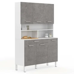 Buffet de cuisine vaisselier effet béton et blanc 120 cm
