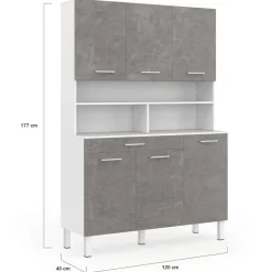Buffet de cuisine vaisselier effet béton et blanc 120 cm