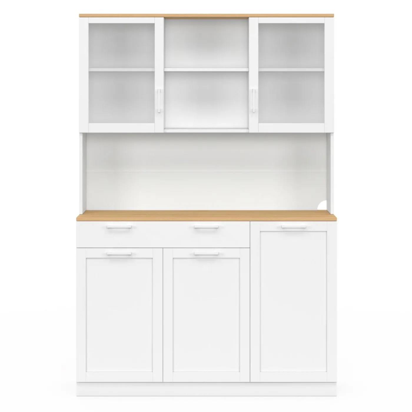 Buffet de cuisine vitré 120 cm 5 portes + 1 tiroir blanc et plateau façon hêtre
